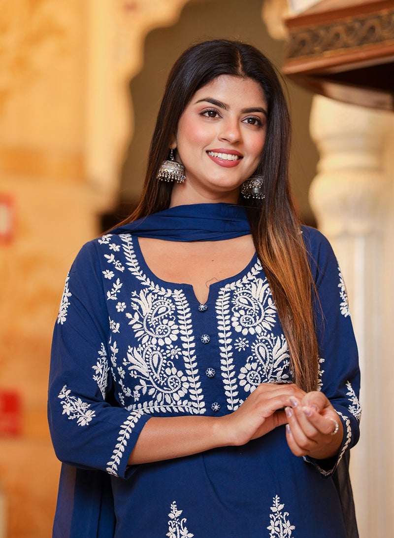 Swadesh Souq Navy Blue Lucknowi Chikankari Kurta Pant Set with Dupatta  - Image 2