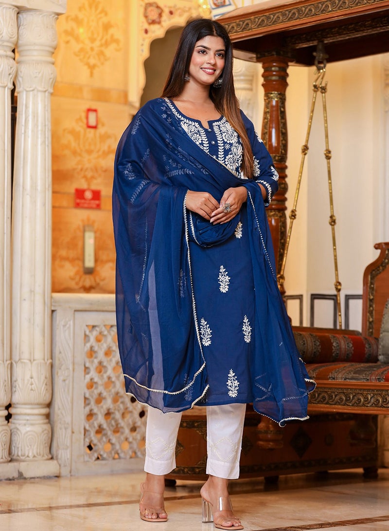 Swadesh Souq Navy Blue Lucknowi Chikankari Kurta Pant Set with Dupatta  - Image 4
