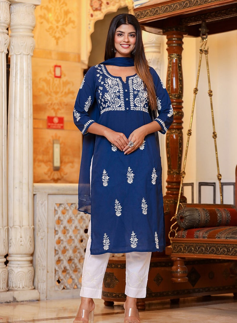 Swadesh Souq Navy Blue Lucknowi Chikankari Kurta Pant Set with Dupatta  - Image 5