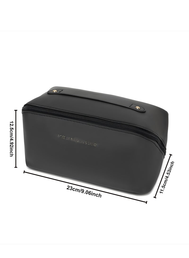 Generic Black waterproof imitation leather cosmetics storage bag with handle portable travel toiletry bag large capacity multifunctional makeup storage bag with partitions for brushes, cosmetics - Image 3