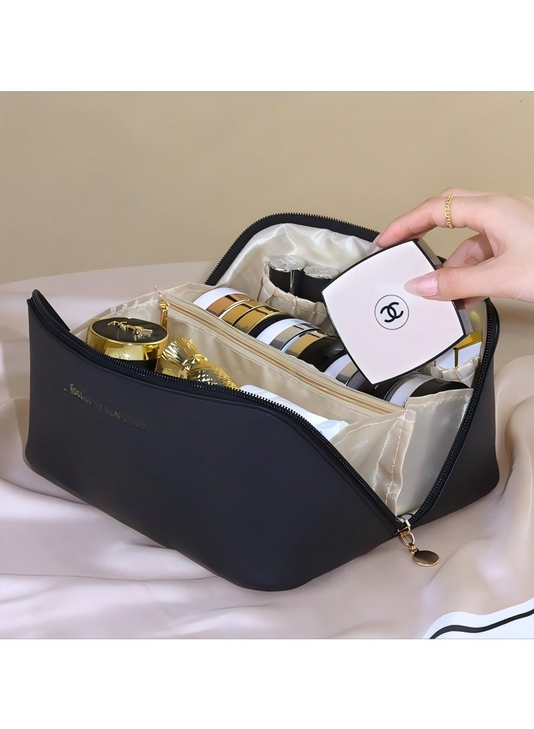 Generic Black waterproof imitation leather cosmetics storage bag with handle portable travel toiletry bag large capacity multifunctional makeup storage bag with partitions for brushes, cosmetics - Image 4