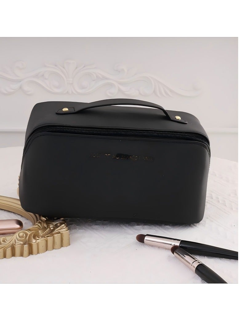 Generic Black waterproof imitation leather cosmetics storage bag with handle portable travel toiletry bag large capacity multifunctional makeup storage bag with partitions for brushes, cosmetics - Image 1