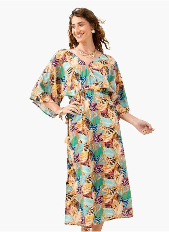 فاف Floral Print Dress with V-neck and Tie-Up Detail