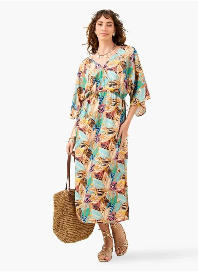 فاف Floral Print Dress with V-neck and Tie-Up Detail