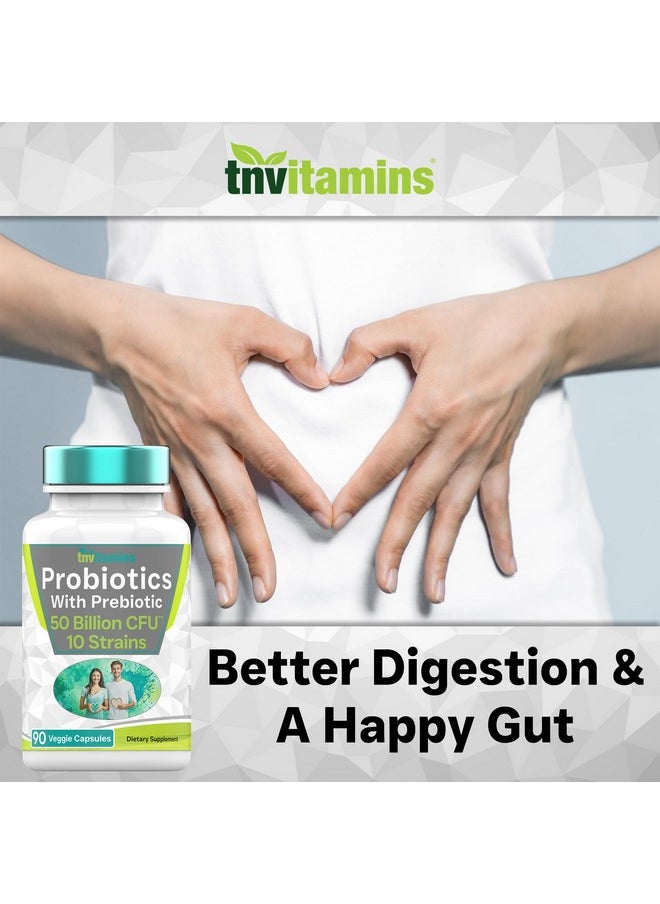 tnvitamins - tnvitamins Probiotics with Prebiotic: 50 Billion CFU - 10 Strain - 90 Vegetarian Capsules | with Acidophilus Probiotic for Digestive Health, Gut Health, & Immune Support* | for Men & Women - Image 1