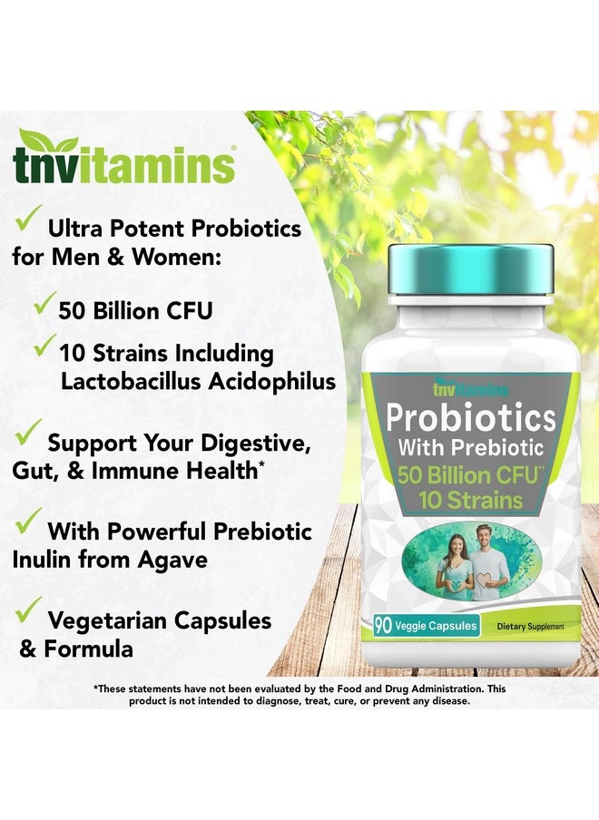 tnvitamins - tnvitamins Probiotics with Prebiotic: 50 Billion CFU - 10 Strain - 90 Vegetarian Capsules | with Acidophilus Probiotic for Digestive Health, Gut Health, & Immune Support* | for Men & Women - Image 1
