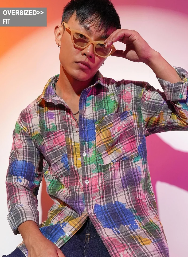 Campus Sutra Men's Multicolour Splash Plaid Oversized Shirt