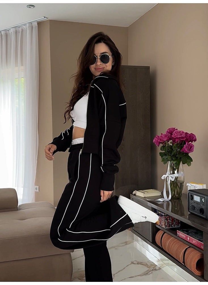 NIBEMINENT Fashion Trouser Set Women Zipper Stand Collar Long Sleeve Coat High Waist Straight Pants Fall Winter Lady Sports Suit - Image 1