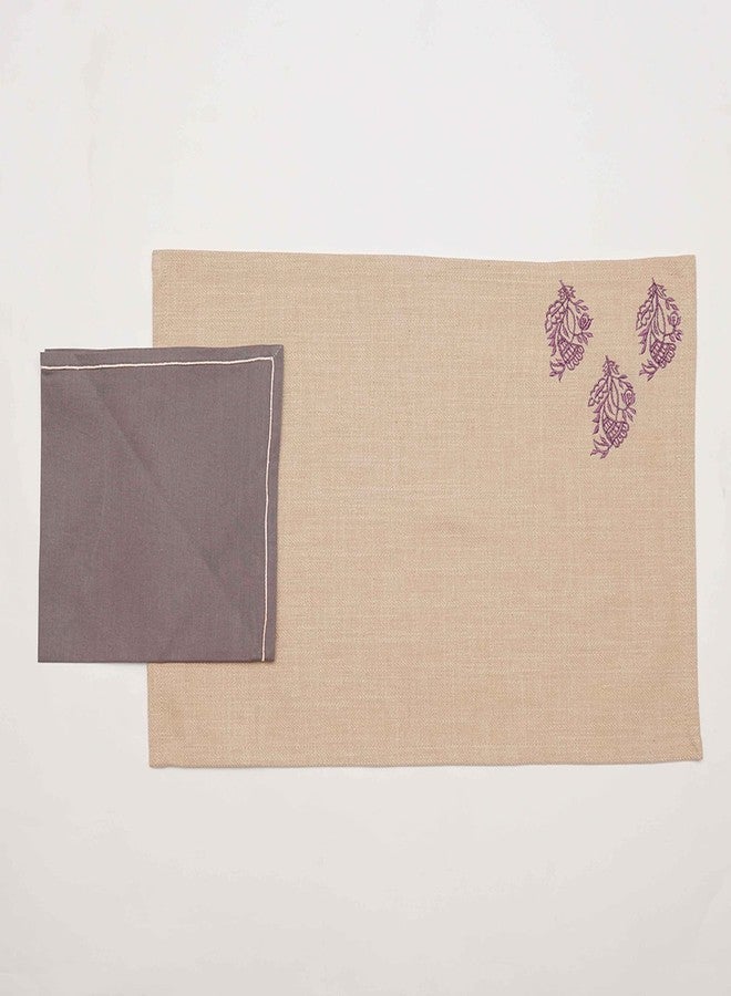 زيبا طقم مفارش طاولة ومناديل طعام مطرزة بنقوش زهرية من زيبا | قطن بوليستر - بيج ورمادي | طقم من 6 مفارش مقاس 13×19 بوصة وطقم من 6 مناديل طعام مقاس 16×16 بوصة | (33×48 سم، 40×40 سم) - Image 4
