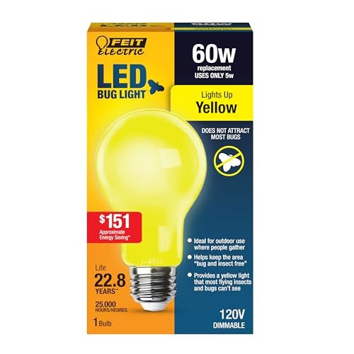 Feit Electric A19 Outdoor LED Bug Light, 60-Watt Equivalent, Non-Dimmable LED Light Bulb, E26 Medium Base, 120V, 22 Years Lifetime, Yellow, Pack of 1, A19/BUG/LED/BX - Image 1