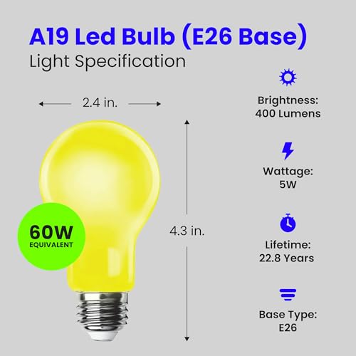 Feit Electric A19 Outdoor LED Bug Light, 60-Watt Equivalent, Non-Dimmable LED Light Bulb, E26 Medium Base, 120V, 22 Years Lifetime, Yellow, Pack of 1, A19/BUG/LED/BX - Image 2