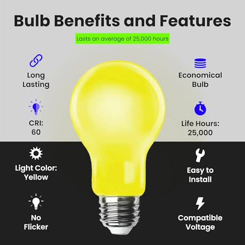 Feit Electric A19 Outdoor LED Bug Light, 60-Watt Equivalent, Non-Dimmable LED Light Bulb, E26 Medium Base, 120V, 22 Years Lifetime, Yellow, Pack of 1, A19/BUG/LED/BX - Image 5