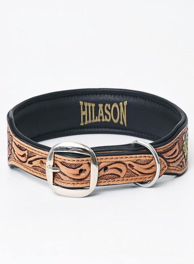 Hilason Sunflower Floral Hand Tooled Strong Genuine Leather Dog Collar Brown Medium - Image 2