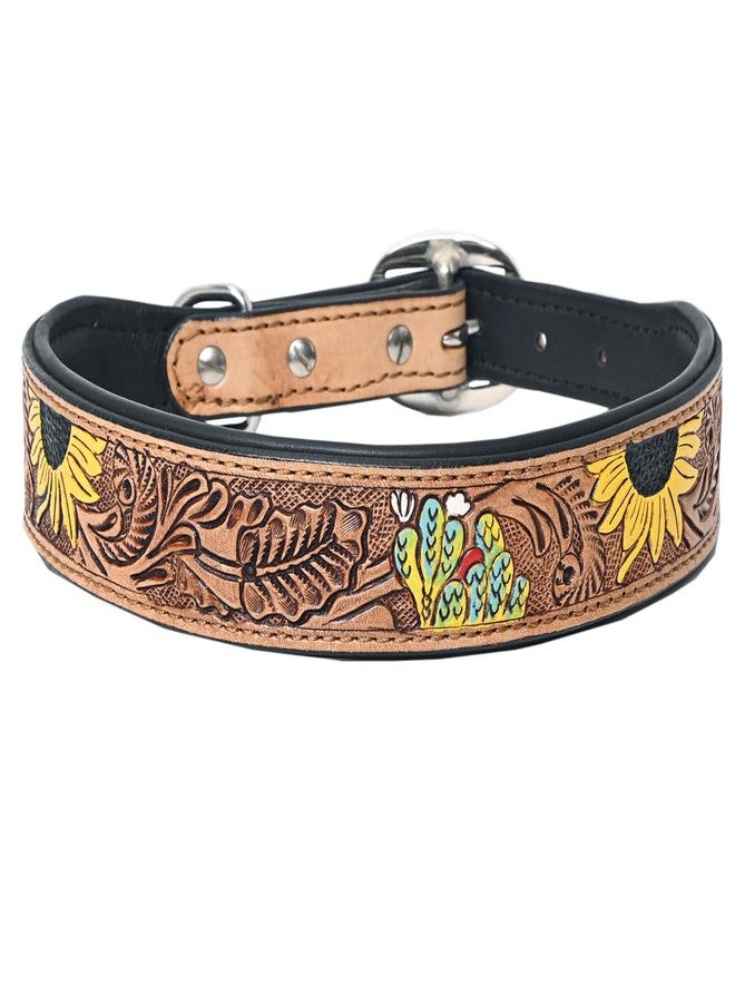 Hilason Sunflower Floral Hand Tooled Strong Genuine Leather Dog Collar Brown Medium - Image 1