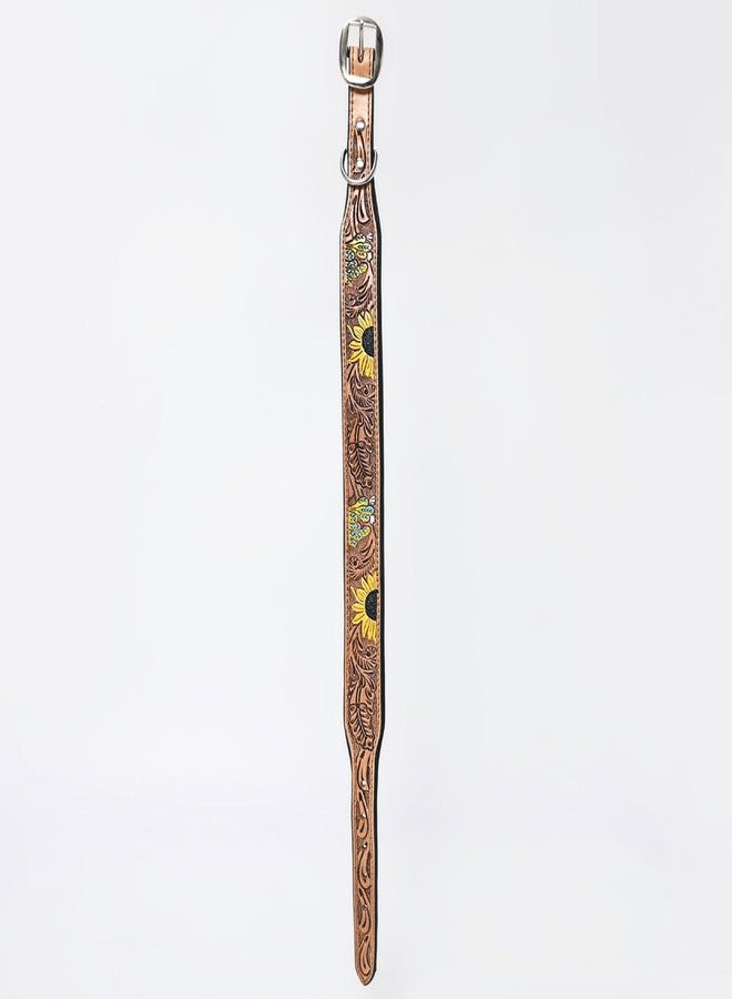 Hilason Sunflower Floral Hand Tooled Strong Genuine Leather Dog Collar Brown Medium - Image 3