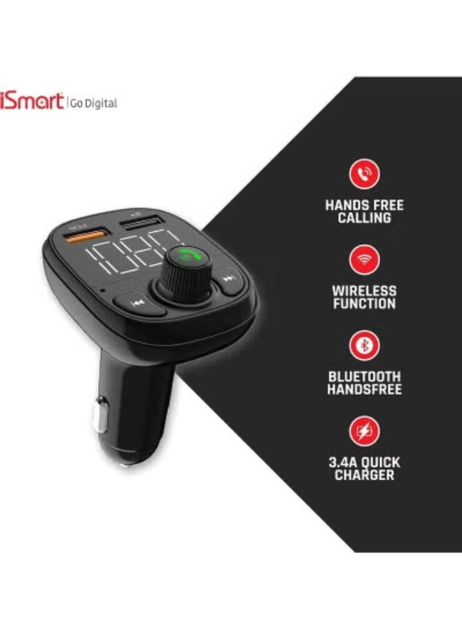 iSmart FM70 Wireless Car FM Modulator – Bluetooth Car Adapter with 3.4A Quick Charger, Hands-Free Calling, Large Display, USB/TF Card/AUX Support, Music Playback & Multifunction Travel Charger - Image 3