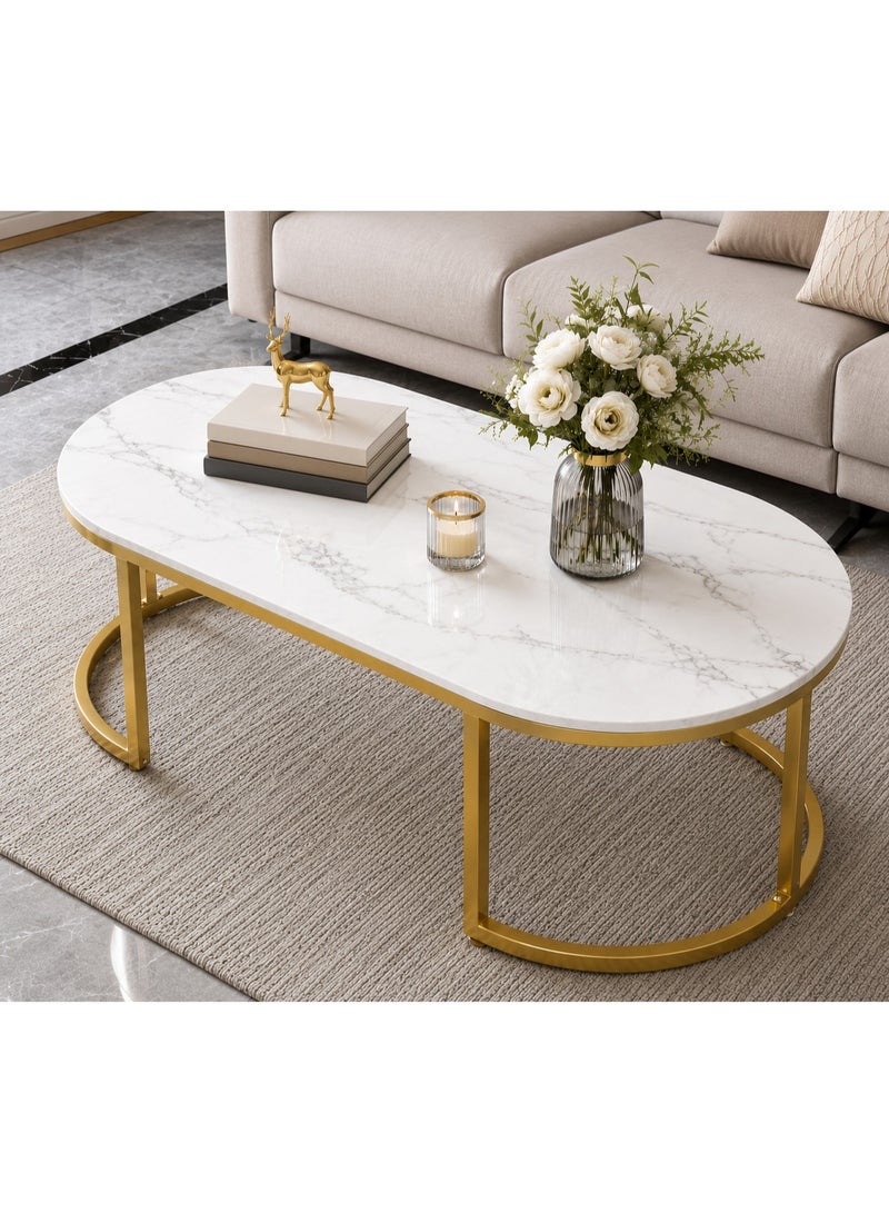 Maanys Modern Coffee Table with Faux Marble Top, Luxury Center Table for Living Room, Gold Steel Frame, Elegant Tea Table for Home, Office & Reception, 100 × 45 CM (White Marble) - Image 1