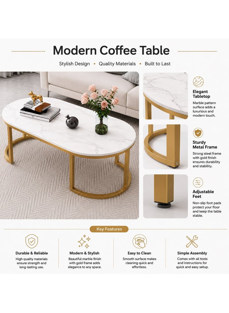 Maanys Modern Coffee Table with Faux Marble Top, Luxury Center Table for Living Room, Gold Steel Frame, Elegant Tea Table for Home, Office & Reception, 100 × 45 CM (White Marble) - Image 3