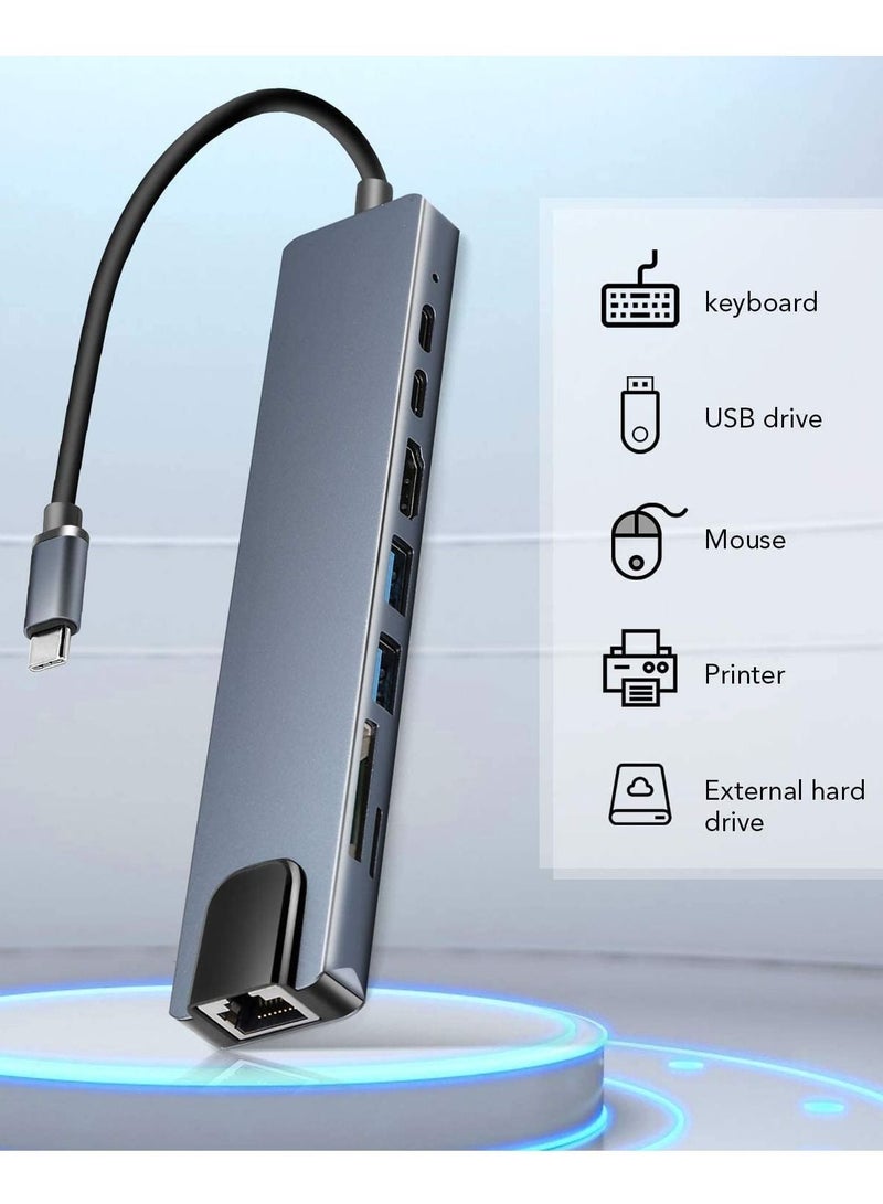 محور USB C (محول متعدد الوظائف 8 في 1 لجهاز MacBook و Windows) / محطة إرساء USB / 4K HDMI، HDTV، بطاقة SD/TF، RJ45، USB C - Image 2