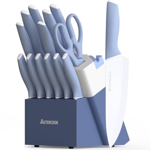 Astercook Kitchen Knife Set with Block and Sharpener 15 Piece Ceramic Coating German High Carbon Stainless Steel Knives Sharp Blade Dishwasher Safe Knife Block Set with Ergonomic Handle, Delicate Blue - Image 1
