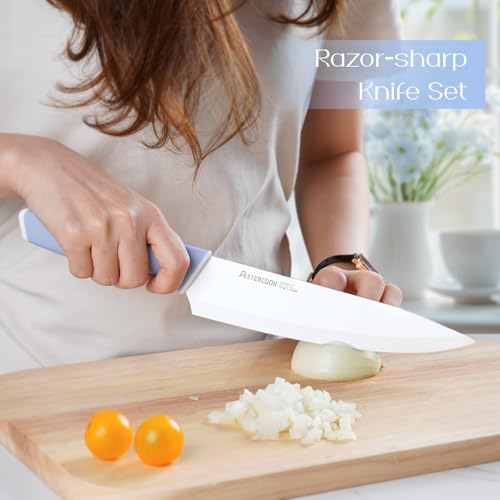 Astercook Kitchen Knife Set with Block and Sharpener 15 Piece Ceramic Coating German High Carbon Stainless Steel Knives Sharp Blade Dishwasher Safe Knife Block Set with Ergonomic Handle, Delicate Blue - Image 2