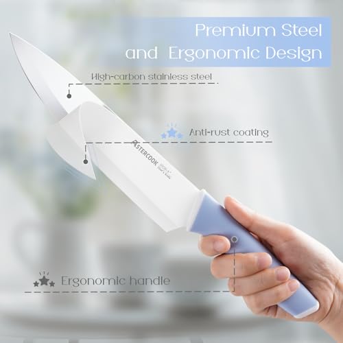 Astercook Kitchen Knife Set with Block and Sharpener 15 Piece Ceramic Coating German High Carbon Stainless Steel Knives Sharp Blade Dishwasher Safe Knife Block Set with Ergonomic Handle, Delicate Blue - Image 3