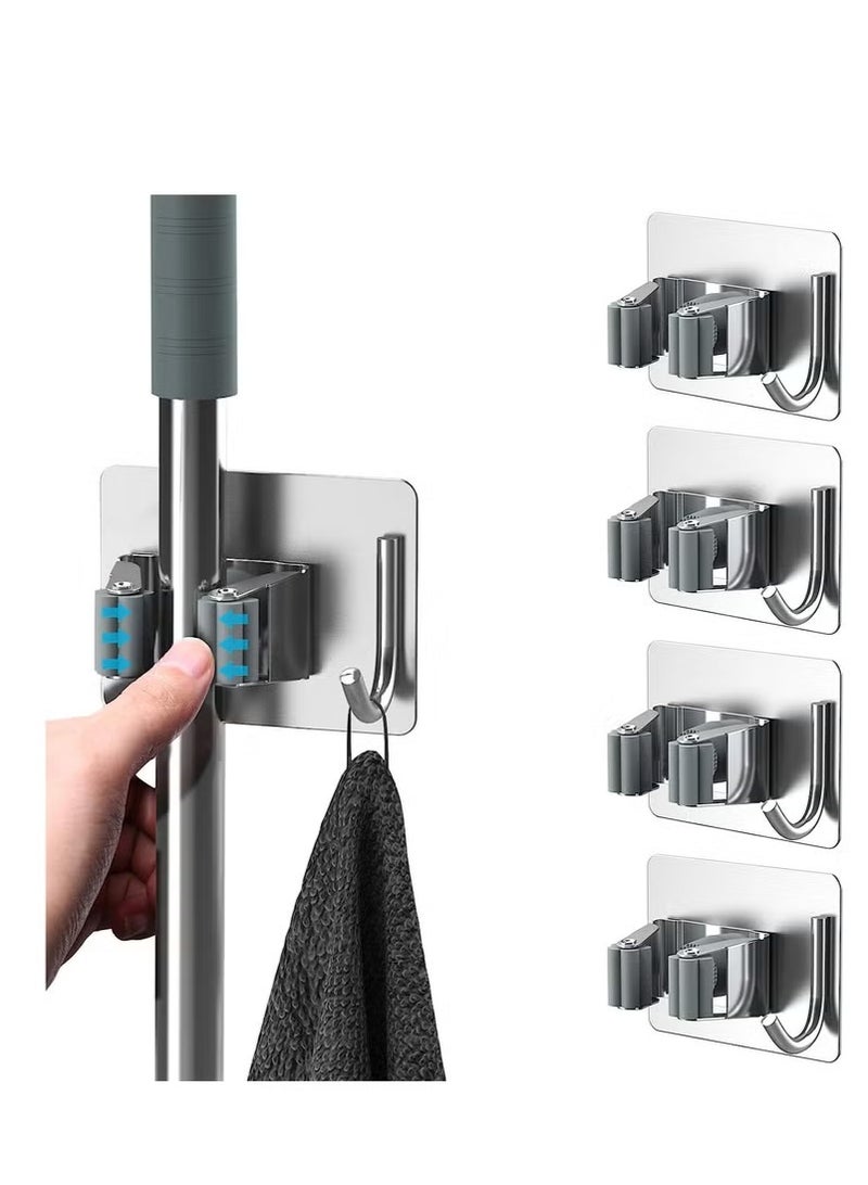 4 Pcs Mop Broom Holder, Hooks for Hanging, Self Adhesive Stainless Steel Broom Storage with Rack and Hook, Wall Mounted Mop Broom Organizer for Home, Bathroom, Kitchen- Silver - Image 1