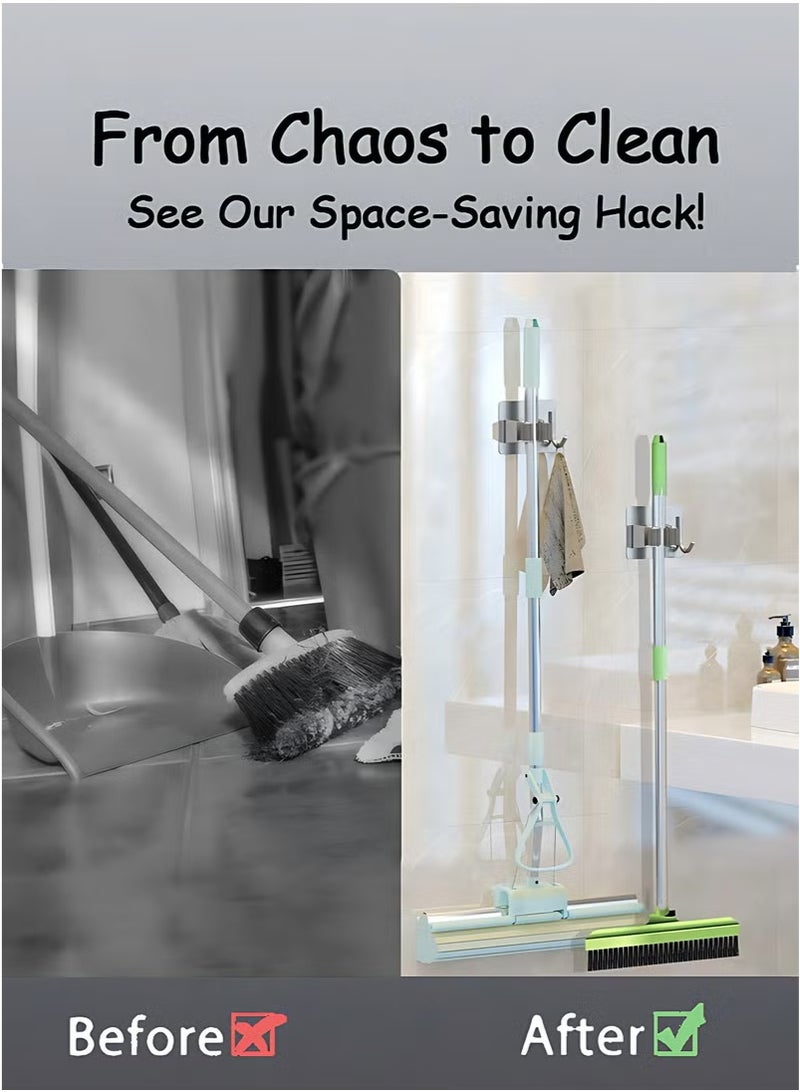 4 Pcs Mop Broom Holder, Hooks for Hanging, Self Adhesive Stainless Steel Broom Storage with Rack and Hook, Wall Mounted Mop Broom Organizer for Home, Bathroom, Kitchen- Silver - Image 2