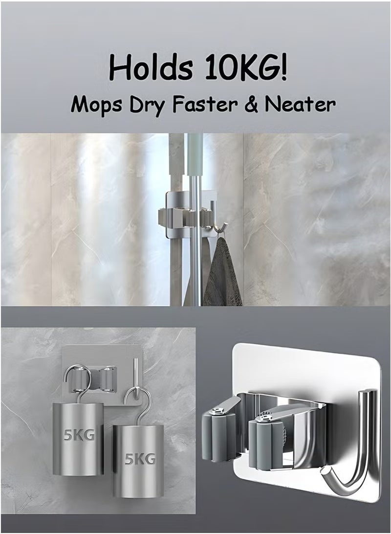4 Pcs Mop Broom Holder, Hooks for Hanging, Self Adhesive Stainless Steel Broom Storage with Rack and Hook, Wall Mounted Mop Broom Organizer for Home, Bathroom, Kitchen- Silver - Image 4