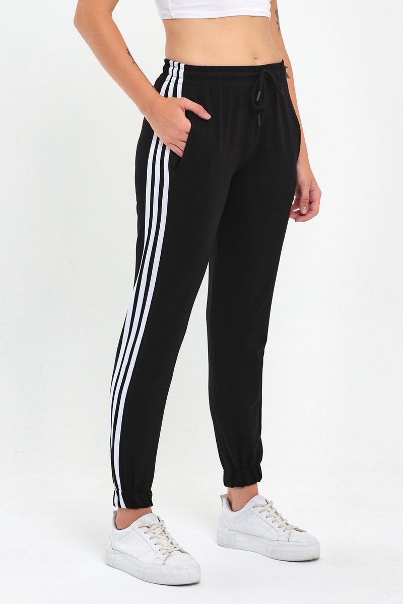 Comeor Women's Black Striped Jogger Two Yarn Elastic Waist Sweatpants  - Image 1
