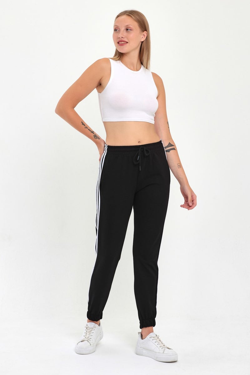 Comeor Women's Black Striped Jogger Two Yarn Elastic Waist Sweatpants  - Image 3