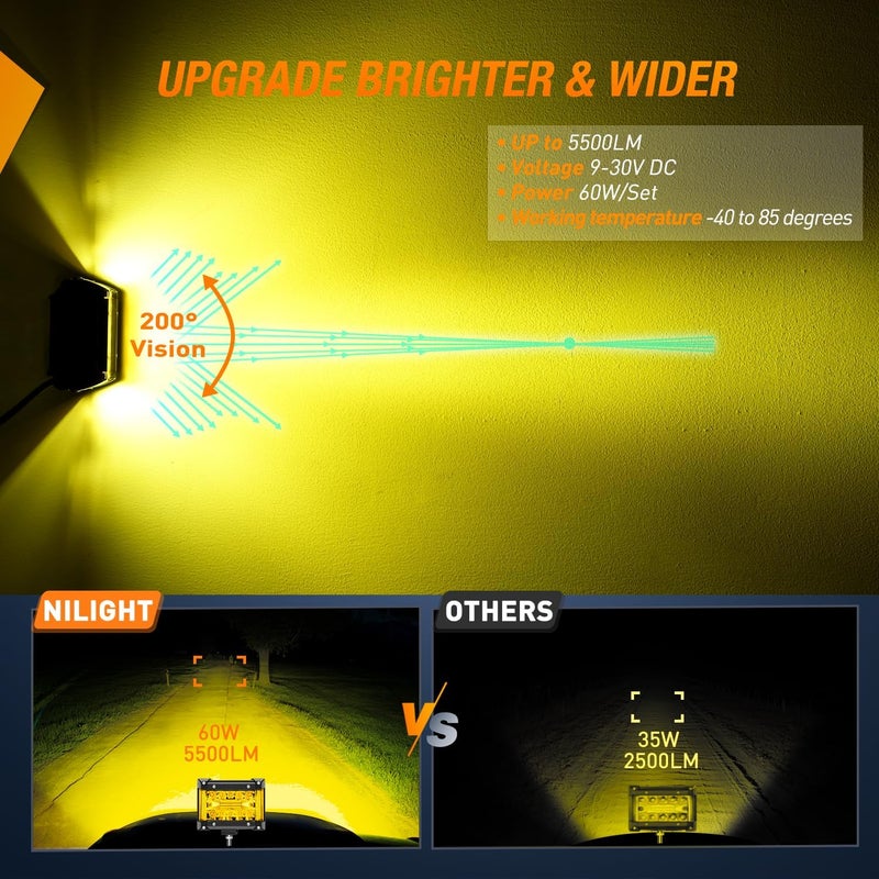 Nilight Side Shooter LED Light Bar 2PCS 43Inch Triple Row Spot Flood Combo Yellow Beam Lighting with 5Pin Rocker Switch Wiring Harness Kit for Off Road Light on Truck SUV ATV UTV - Image 4