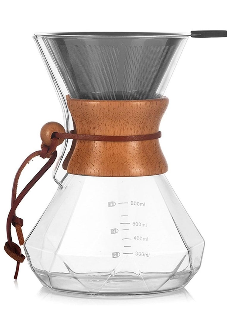 فولانري وعاء قهوة بالتنقيط مع طوق بمقبض خشبي وفلتر من الفولاذ المقاوم للصدأ، صانع قهوة من الزجاج مع علامة لمشاركة القهوة والشاي، 600 مل - Image 1