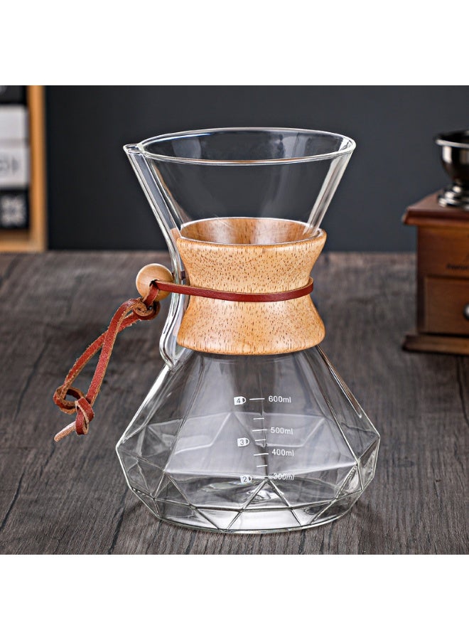 فولانري وعاء قهوة بالتنقيط مع طوق بمقبض خشبي وفلتر من الفولاذ المقاوم للصدأ، صانع قهوة من الزجاج مع علامة لمشاركة القهوة والشاي، 600 مل - Image 2