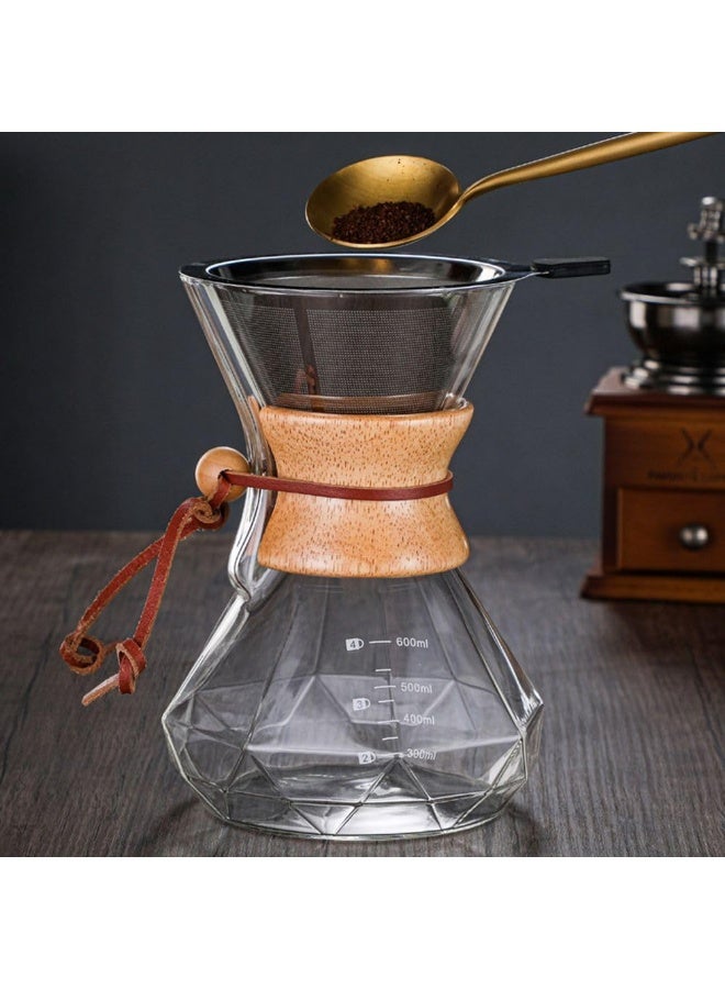 فولانري وعاء قهوة بالتنقيط مع طوق بمقبض خشبي وفلتر من الفولاذ المقاوم للصدأ، صانع قهوة من الزجاج مع علامة لمشاركة القهوة والشاي، 600 مل - Image 4