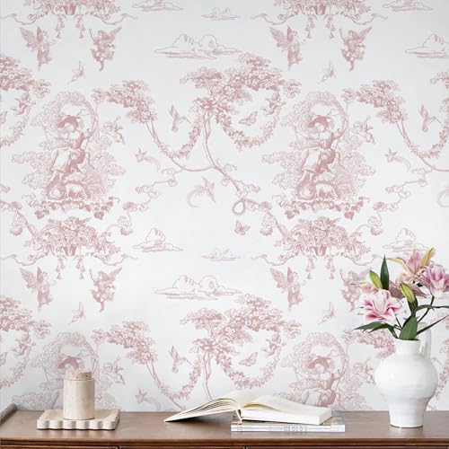 CiCiwind Peel and Stick Wallpaper Pink and White Wallpaper Vintage Toile Wall Paper for Bathroom Bedroom Living Room French Self Adhesive Removable Contact Paper for Cabinets 17.3"×78.7" Vinyl Rolls - Image 1