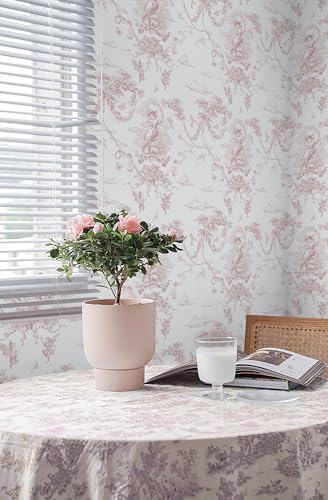 CiCiwind Peel and Stick Wallpaper Pink and White Wallpaper Vintage Toile Wall Paper for Bathroom Bedroom Living Room French Self Adhesive Removable Contact Paper for Cabinets 17.3"×78.7" Vinyl Rolls - Image 2
