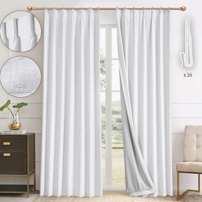 IVAPUPU Thick Linen Blend Pinch Pleated Blackout Curtains for Bedroom - Black Out White Curtains 84 Inch Long 2 Panel for Living Room Darkening Thermal 2 Pages Window Curtain Drapes with 16pc Hooks - Image 1