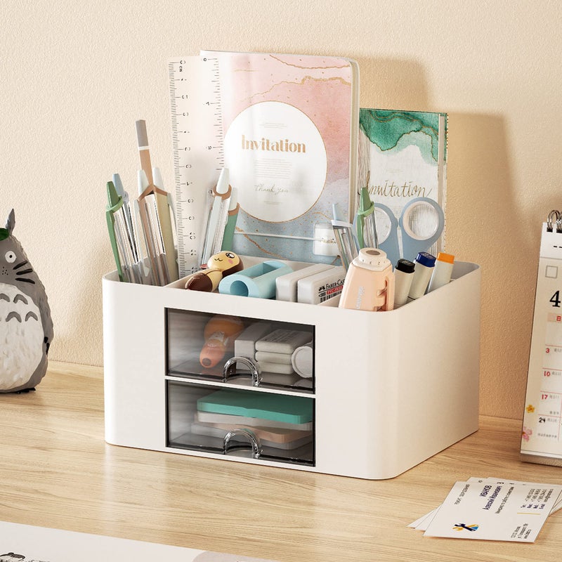 Marbrasse Pen Organizer with 2 Drawer, Multi-Functional Pencil Holder for Desk, Desk Organizers and Accessories with 5 Compartments + Drawer for Office Art Supplies (White) - Image 3
