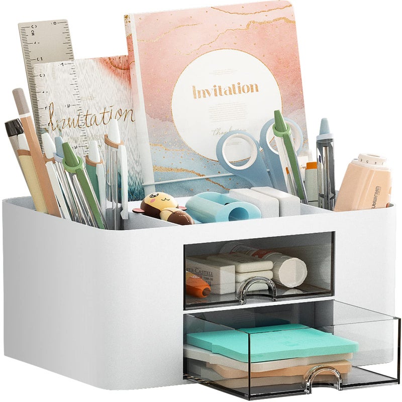 Marbrasse Pen Organizer with 2 Drawer, Multi-Functional Pencil Holder for Desk, Desk Organizers and Accessories with 5 Compartments + Drawer for Office Art Supplies (White) - Image 1