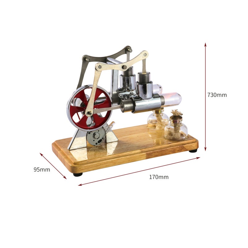 Stirling Engine Kit Silver Zinc Alloy Stainless Steel & Oaken Base - Dual Cylinder 3.0~5.5V With LED Light Stirling Engine Motor for Educational Toy Home Display - Image 3