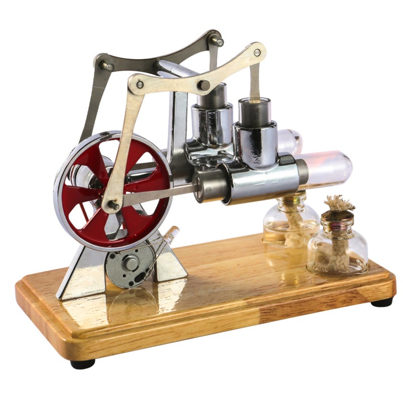 Stirling Engine Kit Silver Zinc Alloy Stainless Steel & Oaken Base - Dual Cylinder 3.0~5.5V With LED Light Stirling Engine Motor for Educational Toy Home Display - Image 1