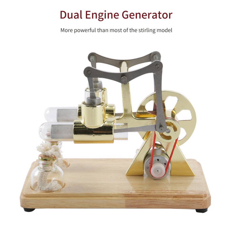 Stirling Engine Kit Silver Zinc Alloy Stainless Steel & Oaken Base - Dual Cylinder 3.0~5.5V With LED Light Stirling Engine Motor for Educational Toy Home Display - Image 4