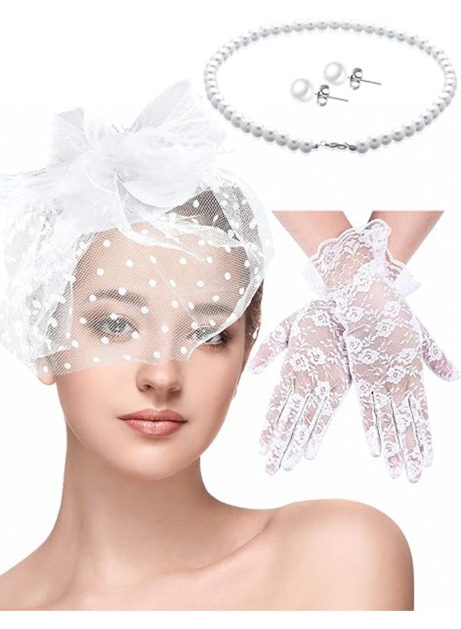 4 Pieces Fascinators Hat for Women Headband Tea Party with Short Lace Gloves - Image 1