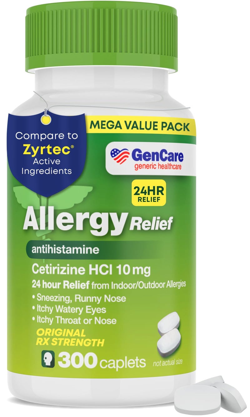 GenCare Cetirizine HCL 10 mg 300 Caplets 24 Hour Allergy Relief Pills Non Drowsy Generic OTC Allergy Medication Antihistamine Medicine for Sneezing Runny Nose Itchy Eyes Generic Zyrtc