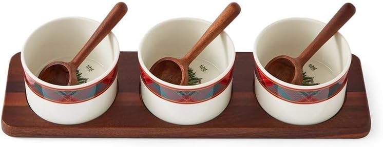 Spode Spode Christmas Tree Condiment Set  7 Piece Holiday Serveware Set  Ceramic Dip Bowls Spoons Serving Tray Included  Appetizers Sauces and Snacks  Tartan Plaid Festive Entertaining - Image 1