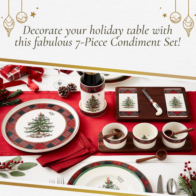 Spode Spode Christmas Tree Condiment Set  7 Piece Holiday Serveware Set  Ceramic Dip Bowls Spoons Serving Tray Included  Appetizers Sauces and Snacks  Tartan Plaid Festive Entertaining - Image 5