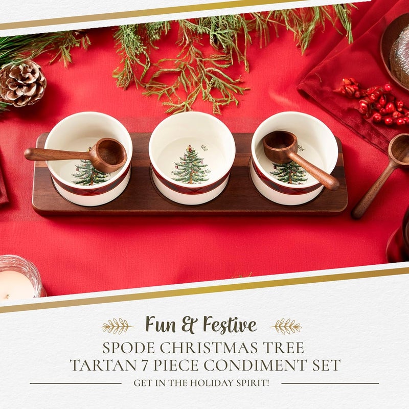 Spode Spode Christmas Tree Condiment Set  7 Piece Holiday Serveware Set  Ceramic Dip Bowls Spoons Serving Tray Included  Appetizers Sauces and Snacks  Tartan Plaid Festive Entertaining - Image 2