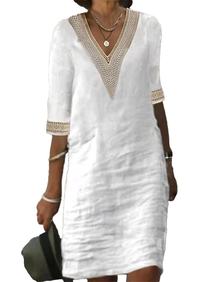 TS Women's Half Sleeve V-Neck Lace Ruffled Summer Dress Casual Ethnic Solid Basic Fashion Mid-Length Gifts White - Image 1