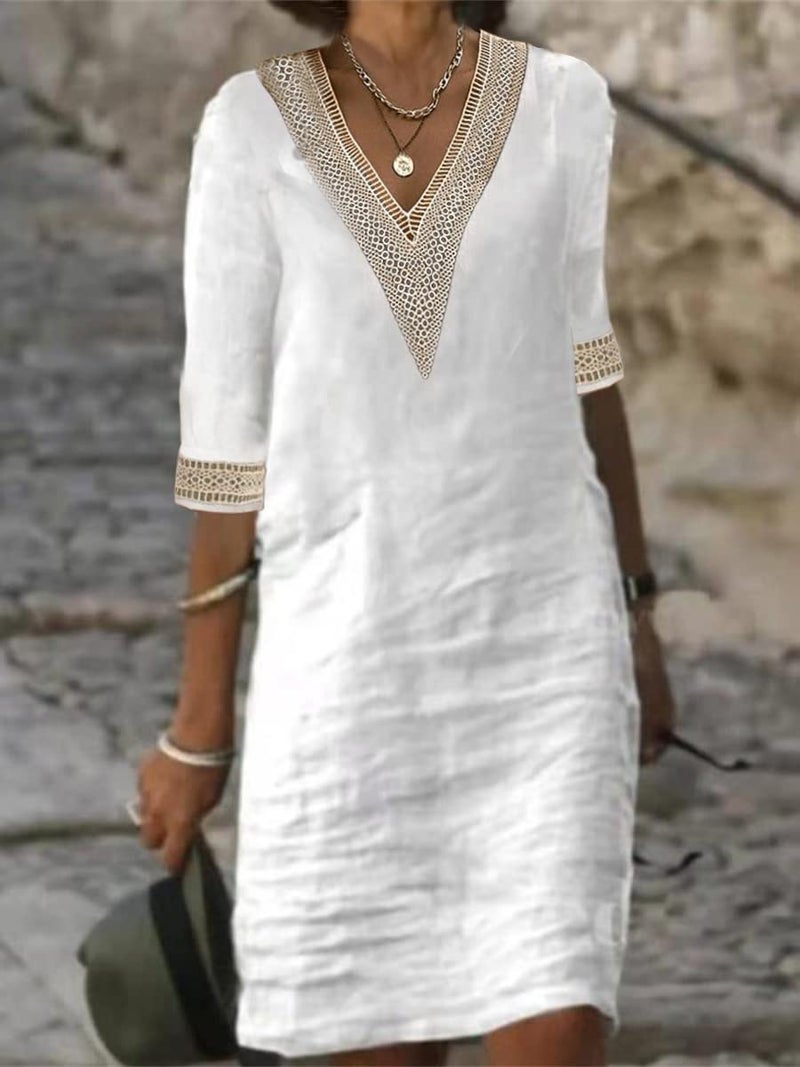 TS Women's Half Sleeve V-Neck Lace Ruffled Summer Dress Casual Ethnic Solid Basic Fashion Mid-Length Gifts White - Image 2